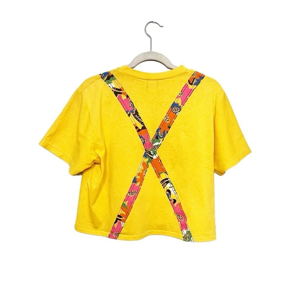 sale 90s Single Stitch Yellow Floral Overall Printed Cropped T-Shirt M - Picture 3 of 12
